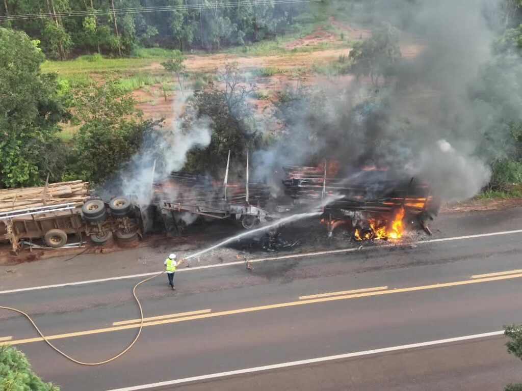 Carreta com carga de eucalipto é atingida por incêndio na BR-262, em Ribas do Rio Pardo