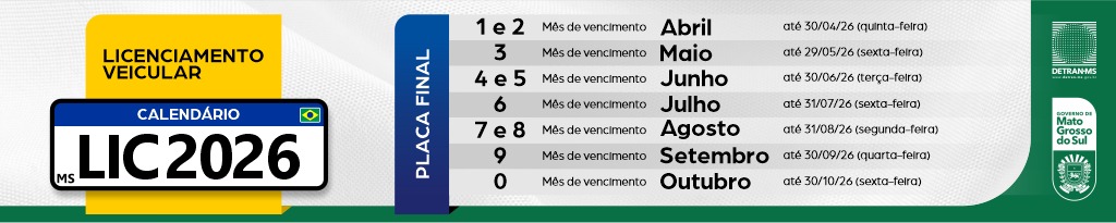 Calendário de licenciamento veicular de 2026 é divulgado pelo Detran-MS Calendário de licenciamento veicular de 2026 é divulgado pelo Detran-MS