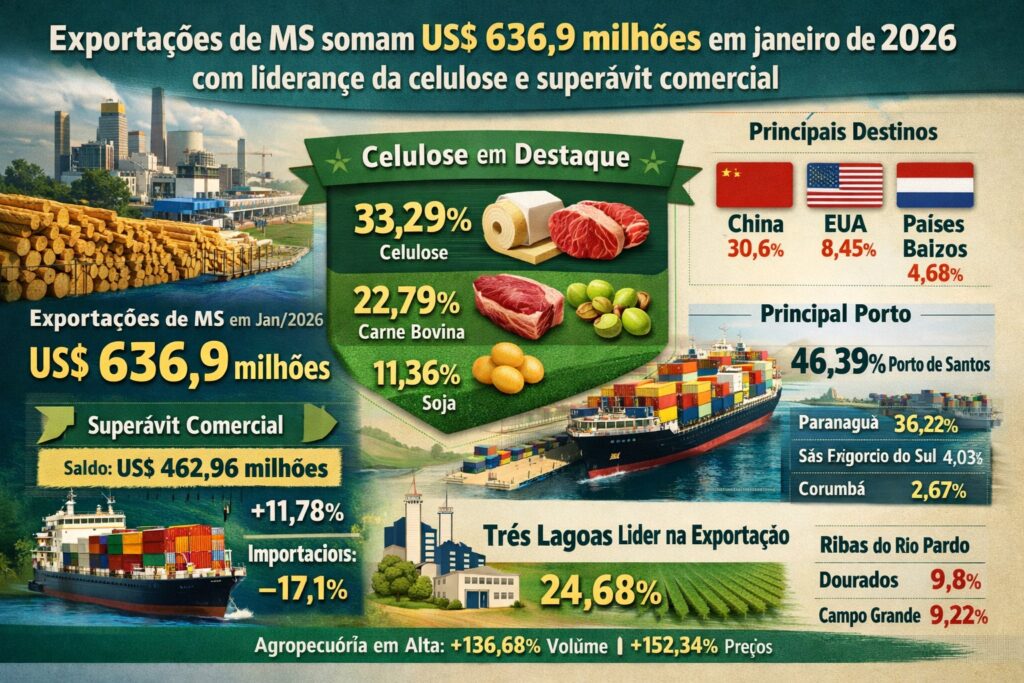Exportações de MS somam US$ 636,9 milhões em janeiro de 2026, com liderança da celulose e superávit comercial