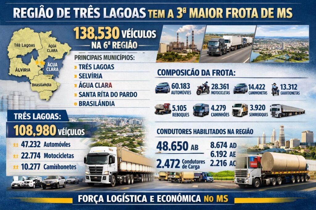 Região de Três Lagoas concentra mais de 138 mil veículos com a terceira maior frota de MS