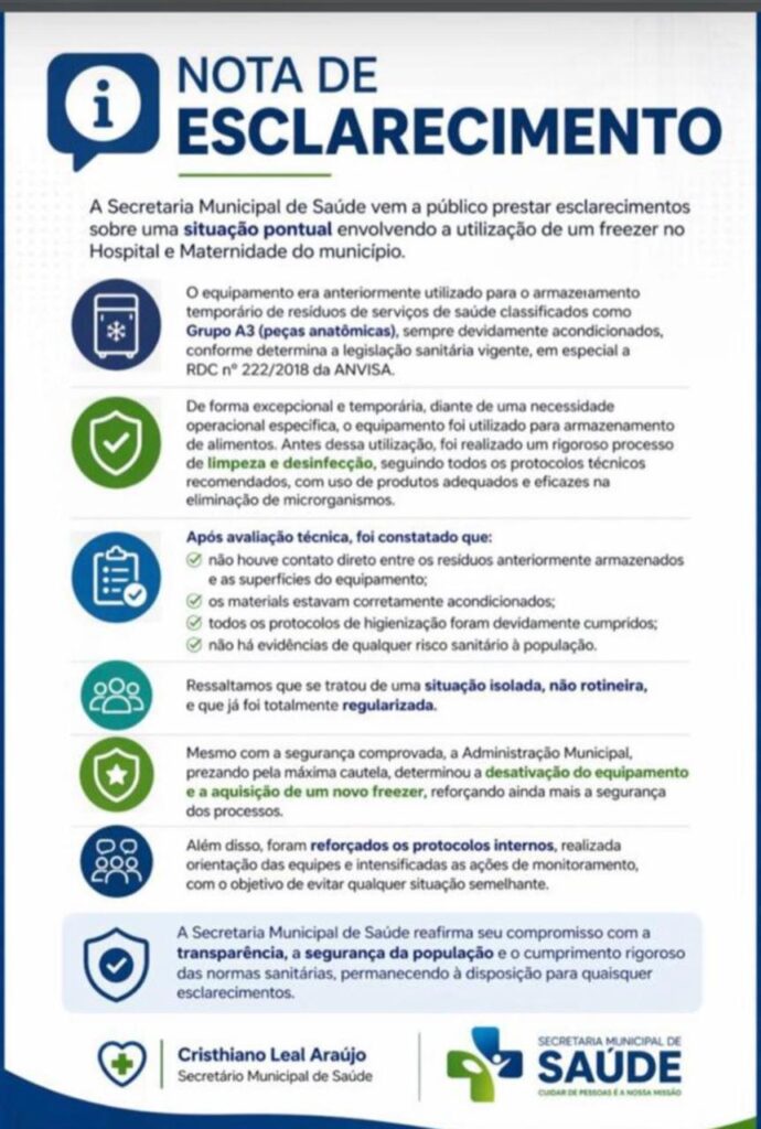 Em Inocência, denúncia sobre freezer em hospital gera repercussão na Câmara e questiona biossegurança