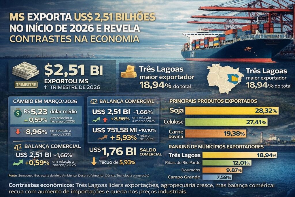 MS exporta US$ 2,51 bilhões no início de 2026 e revela contrastes na economia