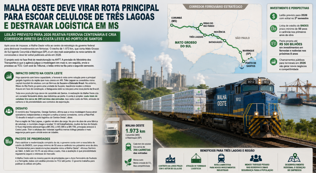Malha Oeste deve virar rota principal para escoar celulose de Três Lagoas e destravar logística em MS Malha Oeste deve virar rota principal para escoar celulose de Três Lagoas e destravar logística em MS
