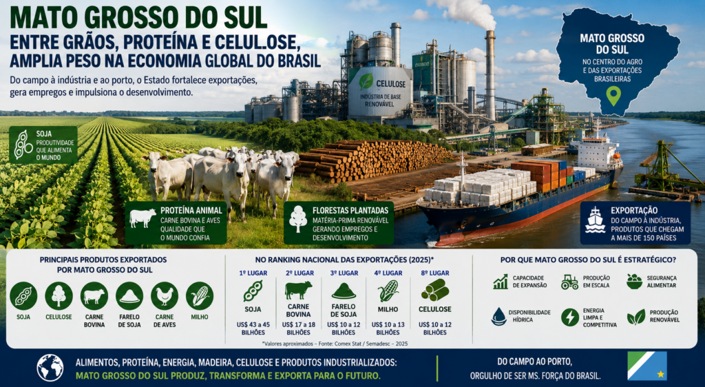 Entre grãos, proteína e celulose, Mato Grosso do Sul amplia peso na economia global do Brasil