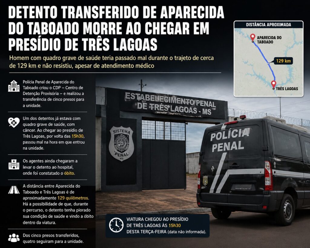 Detento transferido de Aparecida do Taboado morre ao chegar em presídio de Três Lagoas