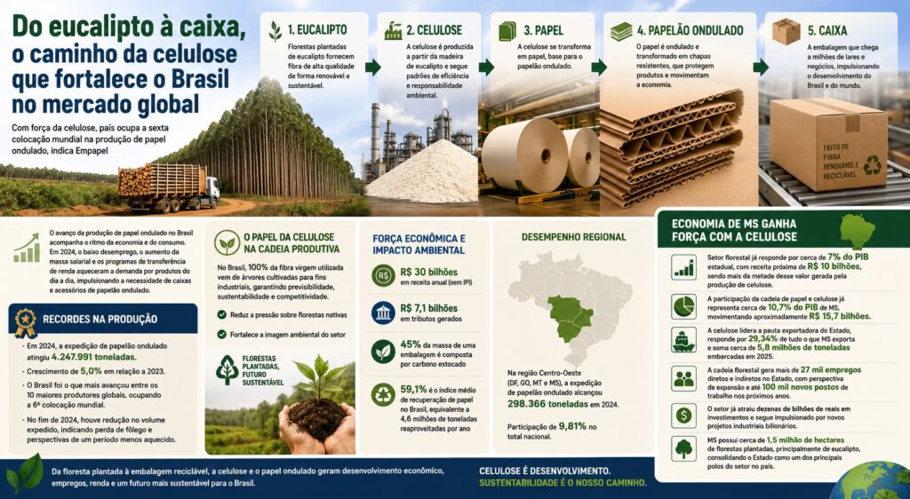 Do eucalipto à caixa, o caminho da celulose que fortalece o Brasil no mercado global