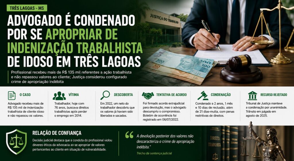 Advogado é condenado por se apropriar de indenização trabalhista de idoso em Três Lagoas
