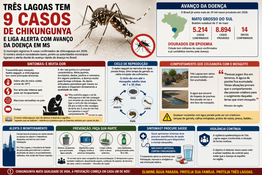 Três Lagoas tem 9 casos de chikungunya e liga alerta com avanço da doença em MS