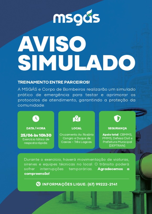 MSGÁS realizará simulado de vazamento de gás natural em Três Lagoas MSGÁS realizará simulado de vazamento de gás natural em Três Lagoas