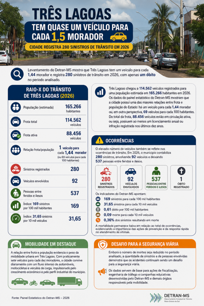 Três Lagoas tem quase um veículo para cada 1,5 morador; cidade registra 280 sinistros de trânsito em 2026 Três Lagoas tem quase um veículo para cada 1,5 morador; cidade registra 280 sinistros de trânsito em 2026