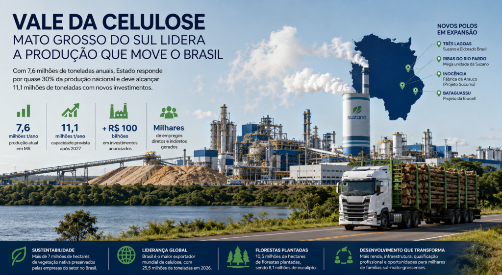 Com 7,6 milhões de toneladas anuais, Vale da Celulose consolida o MS como protagonista da liderança mundial do Brasil Com 7,6 milhões de toneladas anuais, Vale da Celulose consolida o MS como protagonista da liderança mundial do Brasil