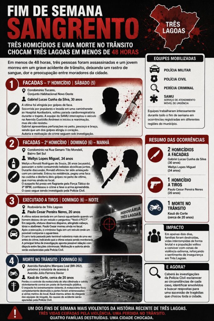 Fim de semana sangrento: três homicídios e uma morte no trânsito chocam Três Lagoas em menos de 48 horas Fim de semana sangrento: três homicídios e uma morte no trânsito chocam Três Lagoas em menos de 48 horas