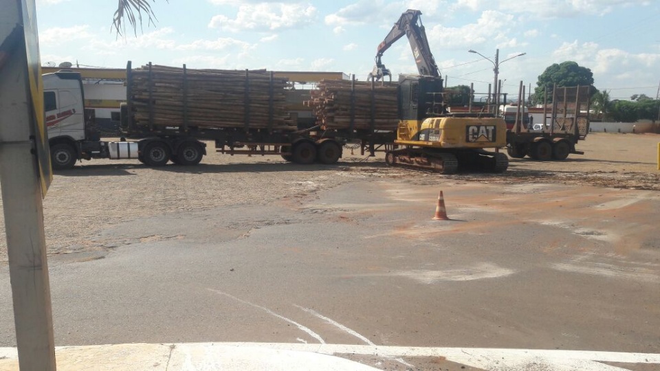 Carreta com eucalipto tomba na BR-267, em Bataguassu