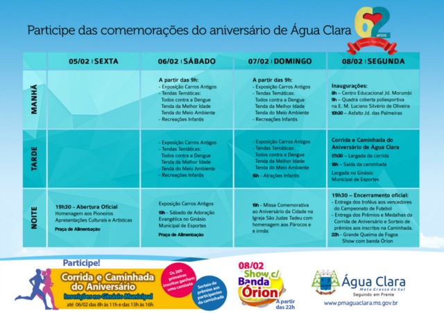 Com sorteio de prêmios e várias atividades, Água Clara vai comemorar 62 anos