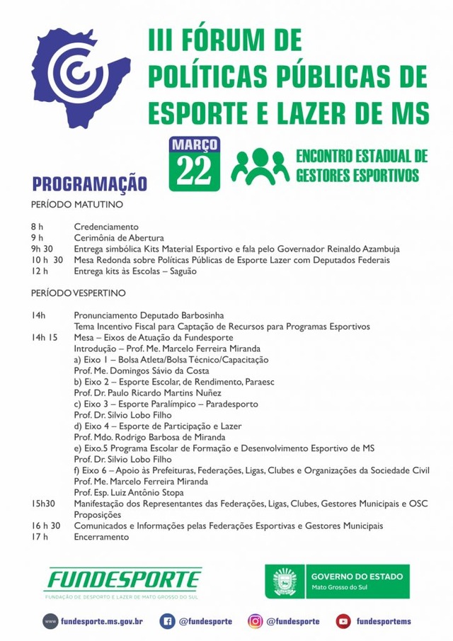 Fórum de Políticas Públicas do Esporte reunirá gestores e representantes da área esportiva do MS