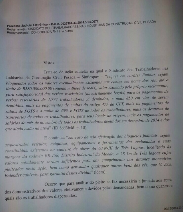 Justiça manda bloquear R$ 80 mi do Consórcio UFN3 para prover pagamento de trabalhadores