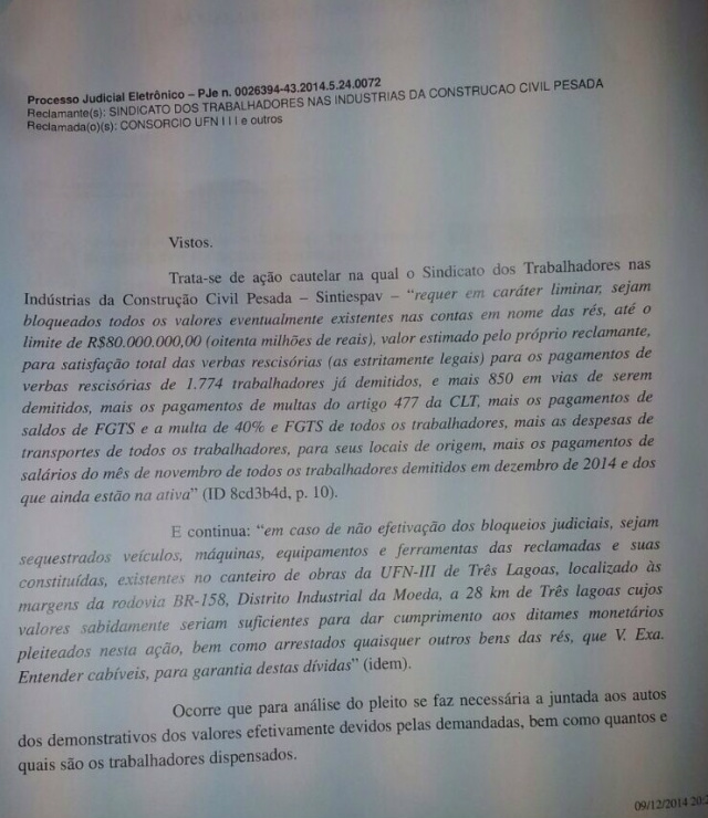 Justiça manda bloquear R$ 80 mi do Consórcio UFN3 para prover pagamento de trabalhadores