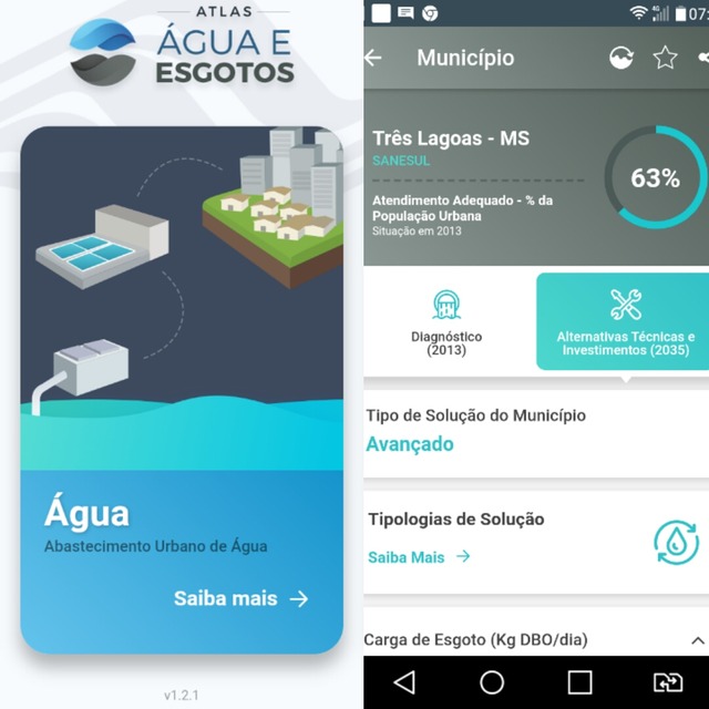 Aplicativo reúne informações sobre saneamento básico de todo o Brasil Atlas traz panorama nacional, mas também é possível ver a situação da própria cidade. Foto: Print da tela do app.