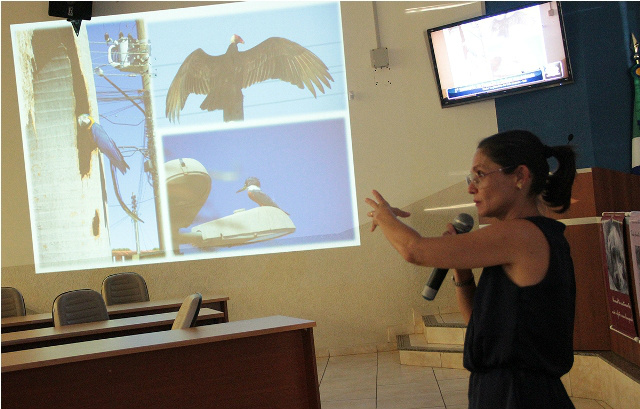 Doutora em Ciências Biológicas, Eliane Vicente, do Instituto Arara Azul durante palestra (Foto: Assessoria)