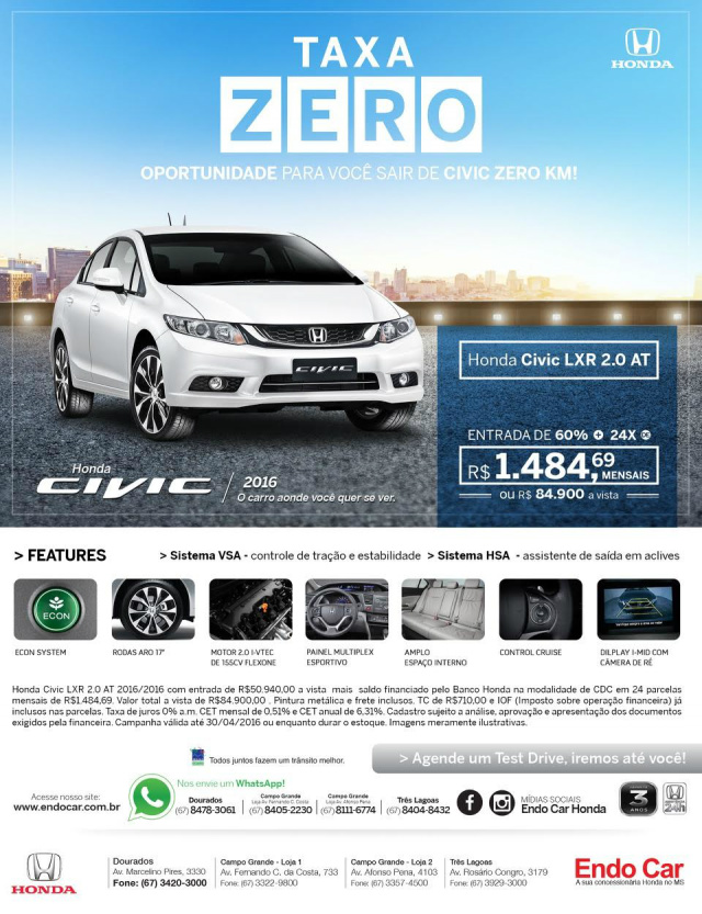 Endo Car põe Honda Civic com promoção taxa zero