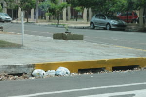 Sacos com lixos levadas pela enxurradas tapam as caixas da galeria impedindo o escoamento das águas que por sua vez transbordam nas via pública (Foto: Ricardo Ojeda)   