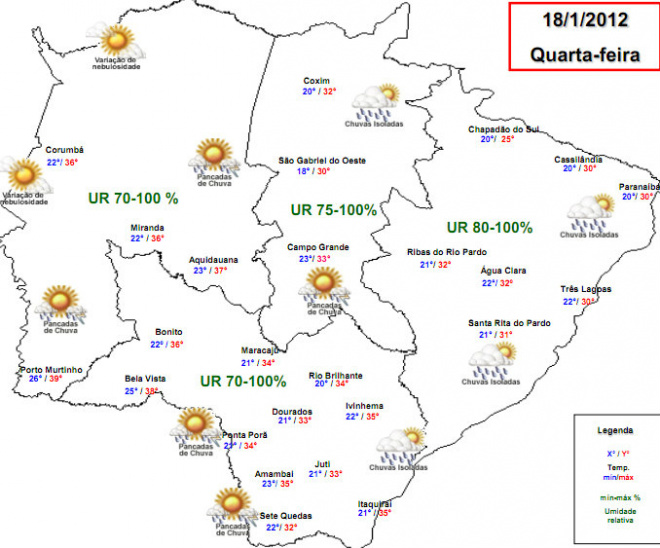 Calor intenso e tempo nublado hoje em Mato Grosso do Sul Confira no mapa a previsão do tempo para todas as regiões de MS
Foto: Divulgação - Cemtec/MS