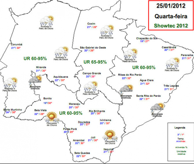 Previsão de pancadas de chuva no norte e leste de MS Confira no mapa a previsão do tempo para todas as regiões de MS
Foto: Divulgação - Cemtec/MS