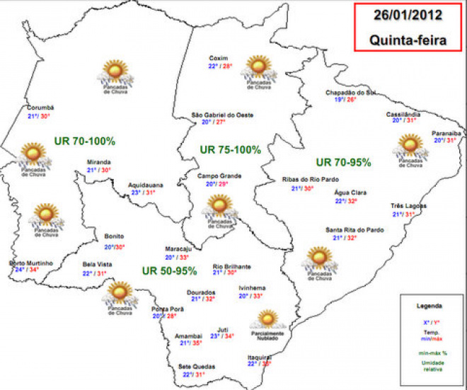 Previsão de chuva forte nas regiões central e leste do Estado Confira no mapa a previsão do tempo para todas as regiões de MS
Foto: Divulgação Cemtec