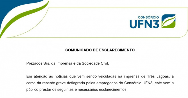 Consórcio UFN3 divulga “Nota de Esclarecimento” sobre a greve dos trabalhadores Consórcio UFN3 divulga “Nota de Esclarecimento” sobre a greve dos trabalhadores
