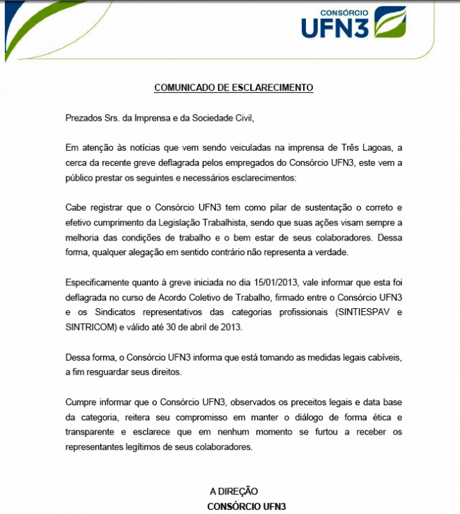 Consórcio UFN3 divulga “Nota de Esclarecimento” sobre a greve dos trabalhadores Consórcio UFN3 divulga “Nota de Esclarecimento” sobre a greve dos trabalhadores