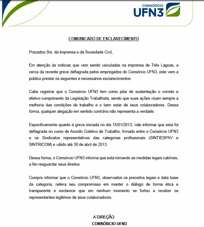 Consórcio UFN3 divulga “Nota de Esclarecimento” sobre a greve dos trabalhadores