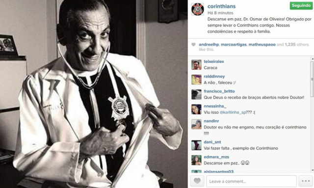 Morre em São Paulo o médico e comentarista Osmar de Oliveira Corinthians publicou homenagem ao torcedor em seu Twitter e Instagran (Foto: Reprodução)