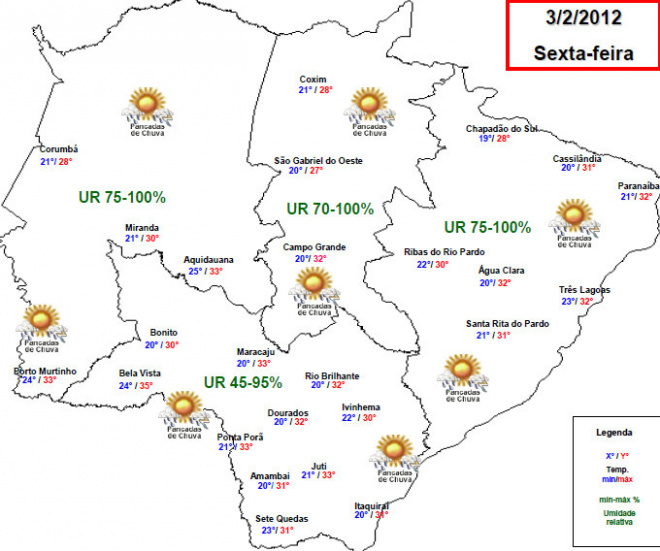 Sexta com pancada de chuva na maior parte do Estado Confira no mapa a previsão do tempo para todas as regiões de MS
Foto: Divulgação - Cemtec/MS