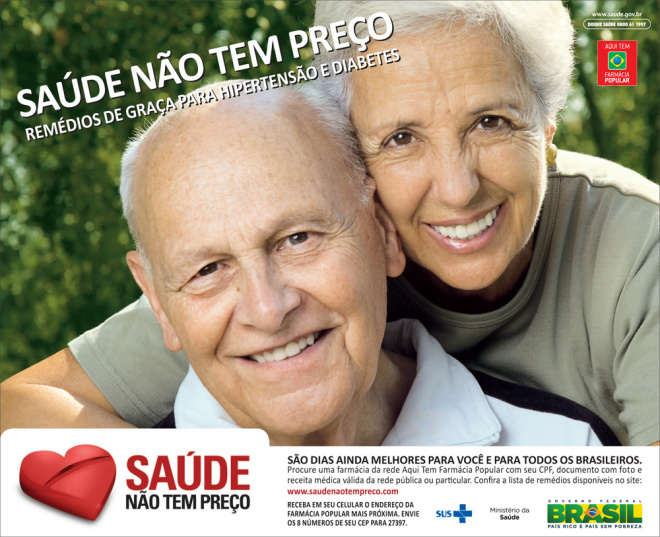 Em um ano, mais de 32 mil tiveram acesso a remédios para diabetes e hipertensão Cartaz do programa Saúde Não tem Preço do governo federal
Foto: Divulgação