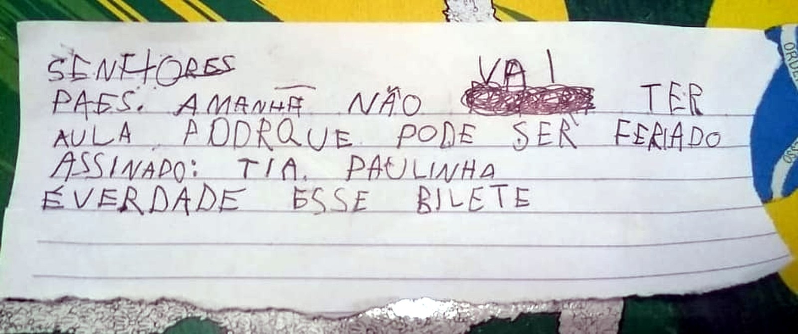 Menino escreveu bilhete em nome da professora para faltar à escola em Bocaina (SP) (Foto: Arquivo pessoal)