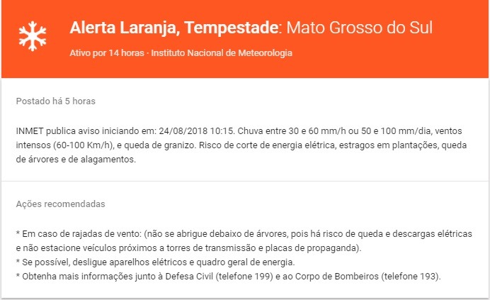 Três Lagoas tem alerta de tempestade emitido pelo Inmet (Reprodução/Inmet).