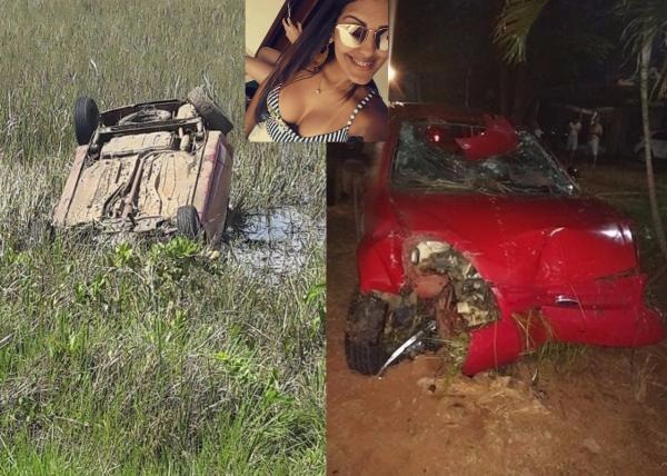 Enfermeira sobrevive ao capotar carro em Brasilândia Veículo da vítima ficou destruído. (Foto: Reprodução/ Brasilândia News).