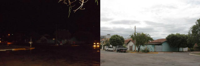 Avenida Antônio Trajano, próximo ao número 471: à esquerda, imagem registrada às 17h40, ao lado, foto feita durante o dia. Nota-se o quanto o local fica escuro durante a noite por conta da falta de braços onde são instaladas as lâmpadas (Fotos: Larissa Lima)
