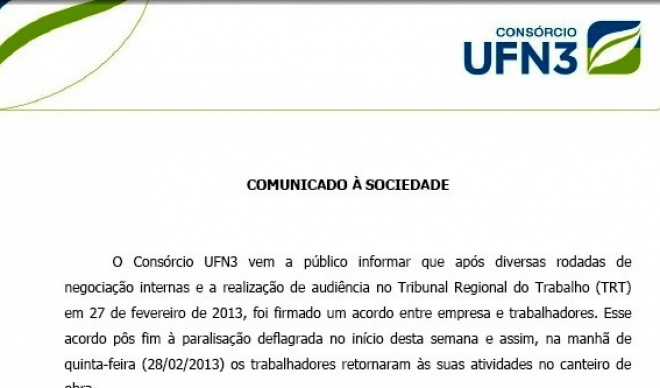 Consórcio UFN3 divulga comunicado à sociedade Consórcio UFN3 divulga comunicado à sociedade