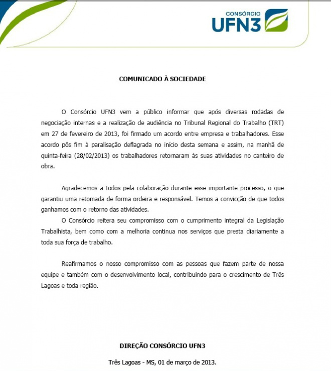 Consórcio UFN3 divulga comunicado à sociedade