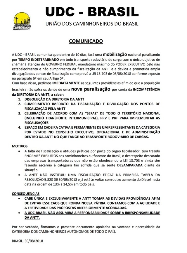 União dos Caminhoneiros diz que fará paralisação depois do feriado Clique na imagem para ler a nota na íntegra