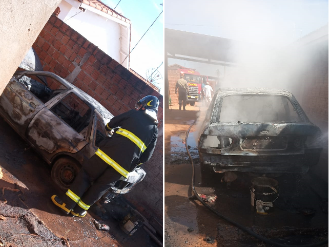 Carro pega fogo dentro da garagem no Jardim Violeta Fotos: Divulgação Corpo de Bombeiros