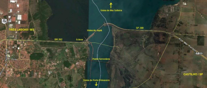 DNIT prevê concluir até início de 2014 nova ponte MS-SP Imagem de satélite mostra localização da nova ponte, à jusante do vertedouro da usina, ao lado da ponte ferroviária.