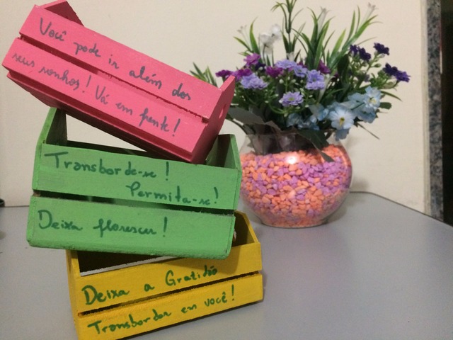 Com caixinhas artesanais e frases motivacionais jovem três-lagoense dá a volta pra cima Alguns caixotinhos com frases feitos pela Carla (Foto: Guta Rufino)