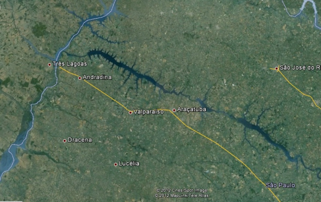 Imagem de satélite mostra infraestrutura logística que Eldorado usará para levar celulose de MS até o porto de Santos nos 800 km de percurso. (Foto: Reprodução)