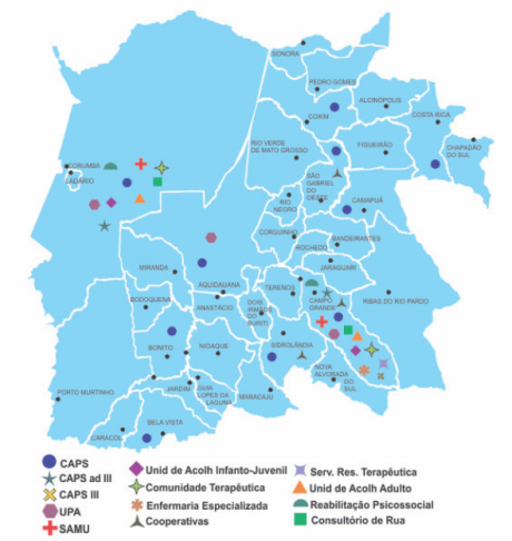 Amplie e veja no mapa áreas cobertas pelos recursos da Rede de Atenção Psicossocial. 