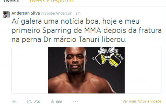 Anderson Silva anuncia volta aos treinos em sua conta no Twitter (Foto: iG)