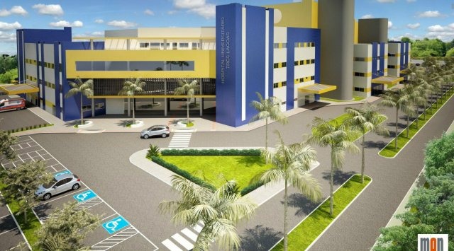 Construído em terreno de 26.466,28 m², o prédio de 15.687,00 m² terá capacidade para 138 leitos. Imagem perspectiva arquitetônica.