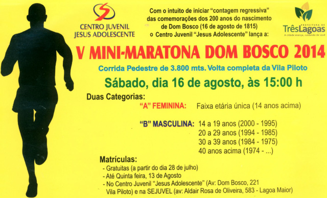 Sejuvel apoia 5ª Mini Maratona Dom Bosco As inscrições, gratuitas, tiveram início nesta segunda-feira (28) e seguem até o dia 13 agosto (Foto: Divulgação/Assecom)