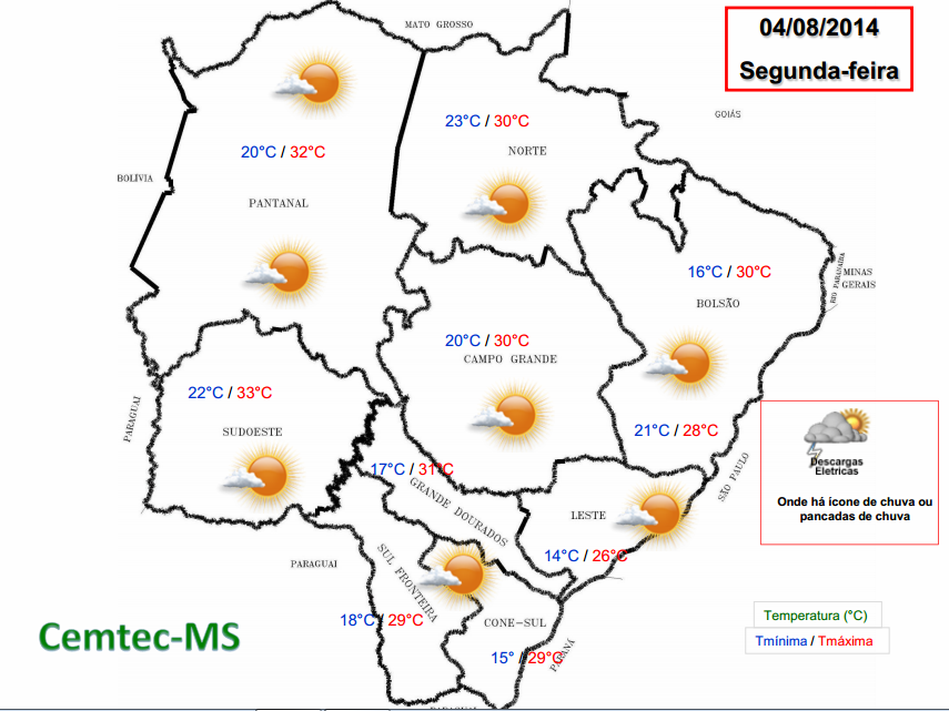Mapa das temperaturas nesta segunda-feira em todas as regiões de MS (Foto: Divulgação)